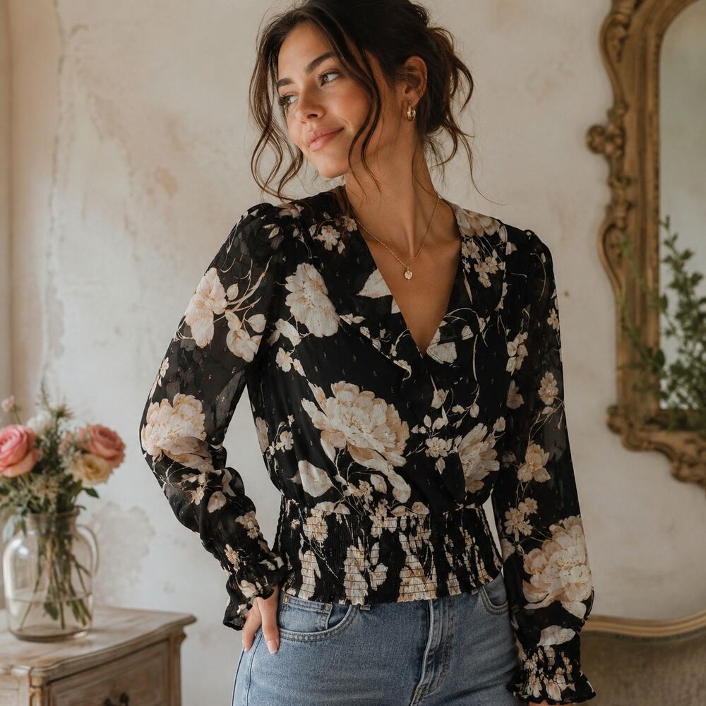 New Haver & Blair Blouse Small Black Floral Cropped Smock Puff Sleeve Romantic